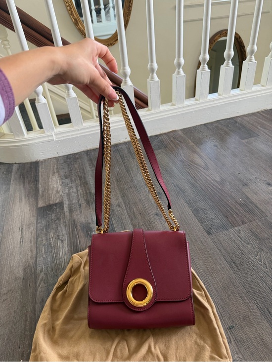 Burberry Handbags - Women's Burgundy Burberry Leather Shoulder Bag with Gold Ring Accent